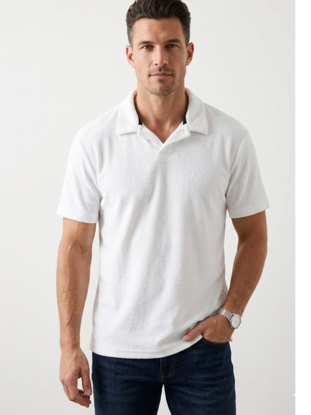 Bullock & Jones White Terry Cloth Polo Shirt White Short Sleeve Casual Size L